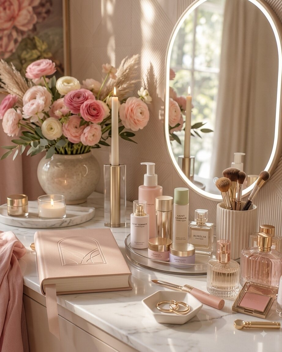 Beauty products, fragrance, and brushes arranged on a dressing table