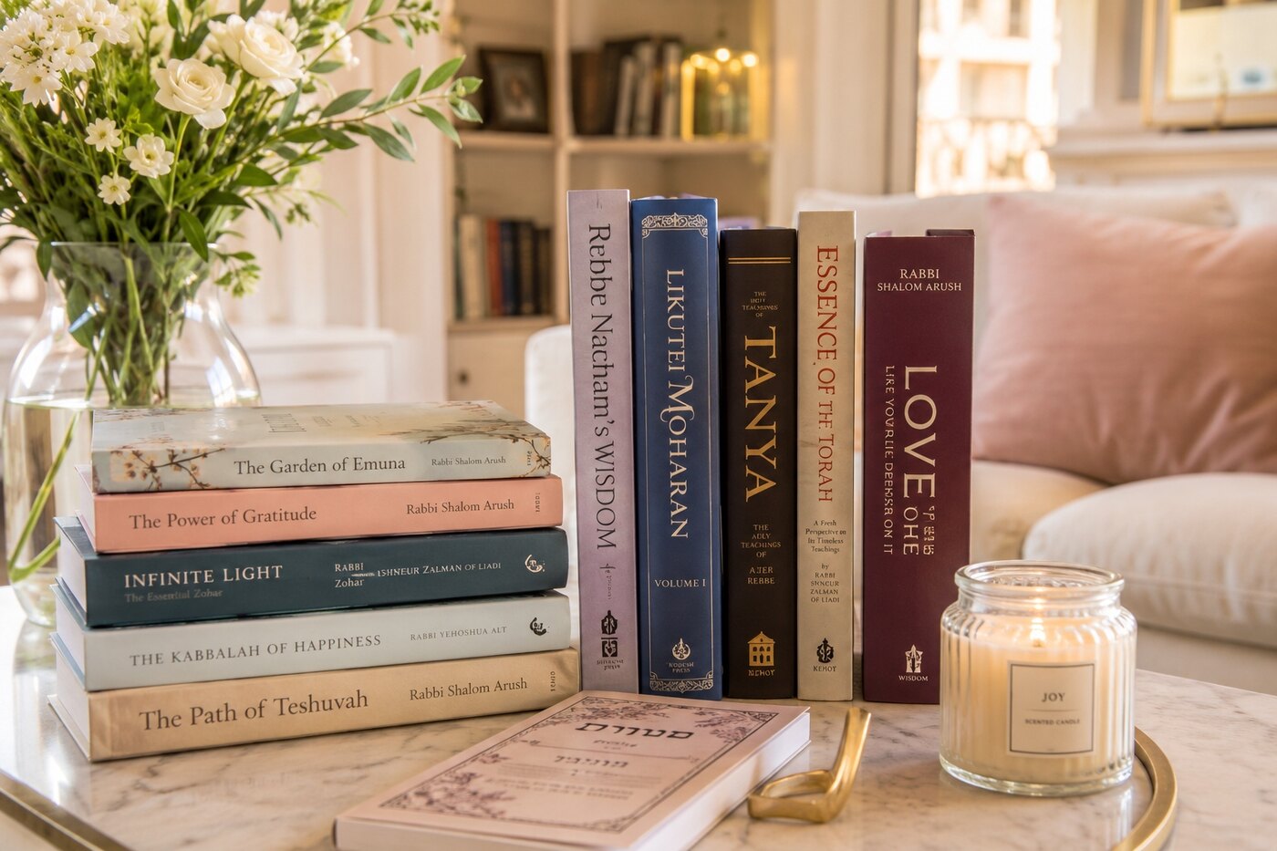 A selection of Jewish books beside flowers