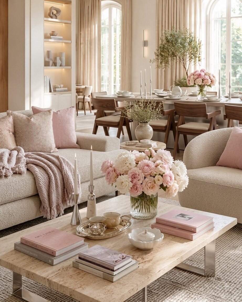 A light-filled home interior with flowers, books, and tableware