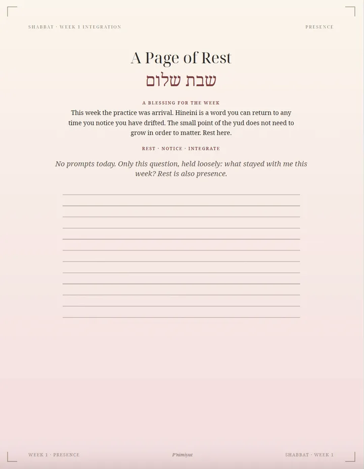 A Shabbat integration page titled ‘A Page of Rest’, with a blessing for the week and open lines for one loosely-held question.