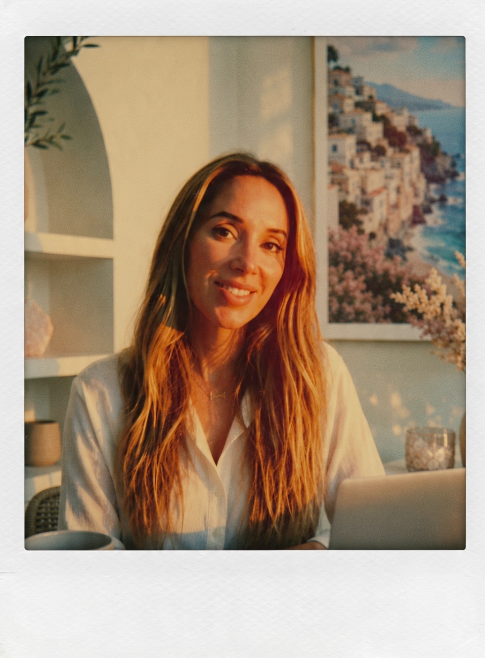 Sarah Leah at her desk, laptop open, smiling in the evening light — an instant photo