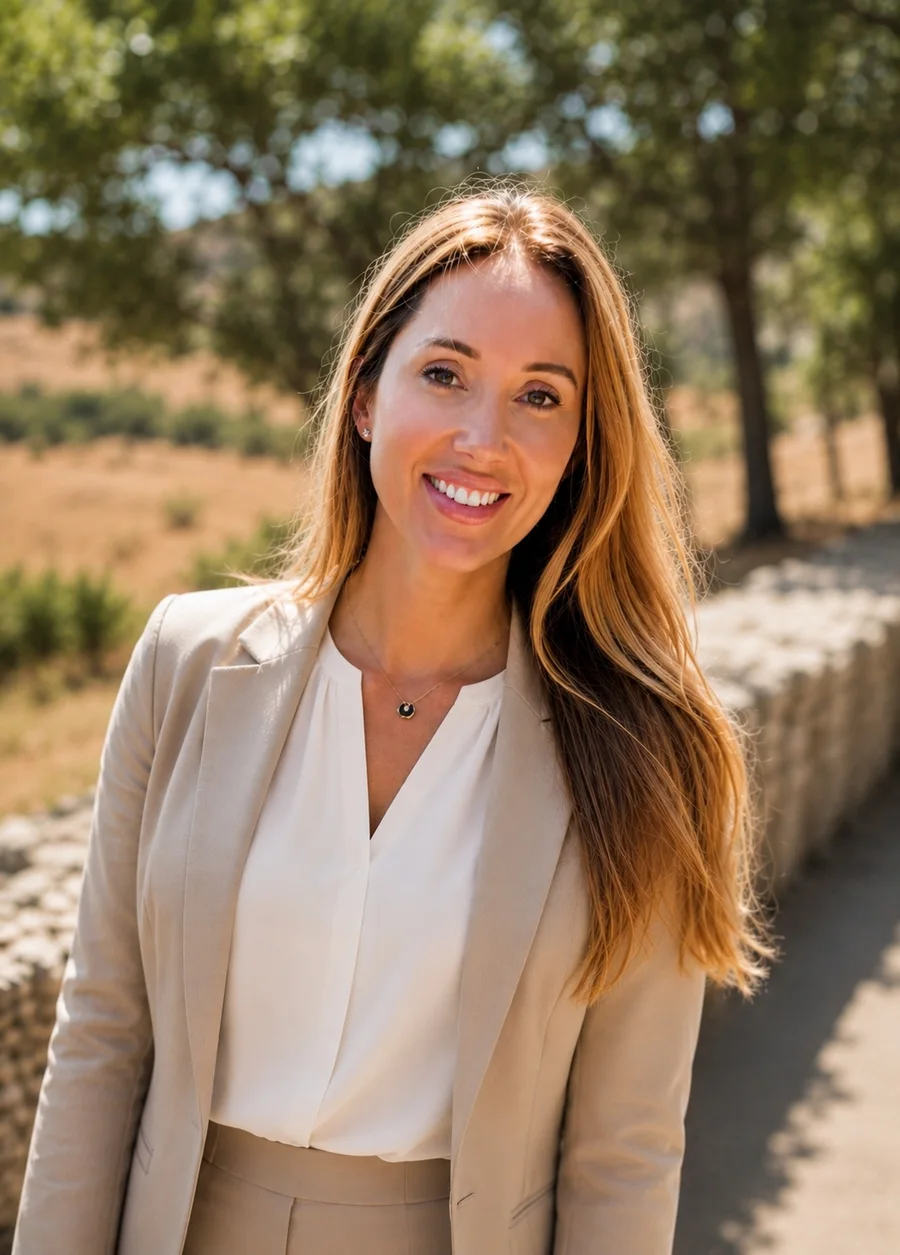 Portrait of Sarah Leah, founder of P’nimiyut, standing outdoors in a cream blazer with trees behind her.